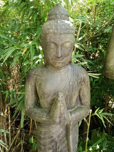 Product image of the product “Standing Buddha, India, 158 cm height, cast stone, handcrafted & coloured ”